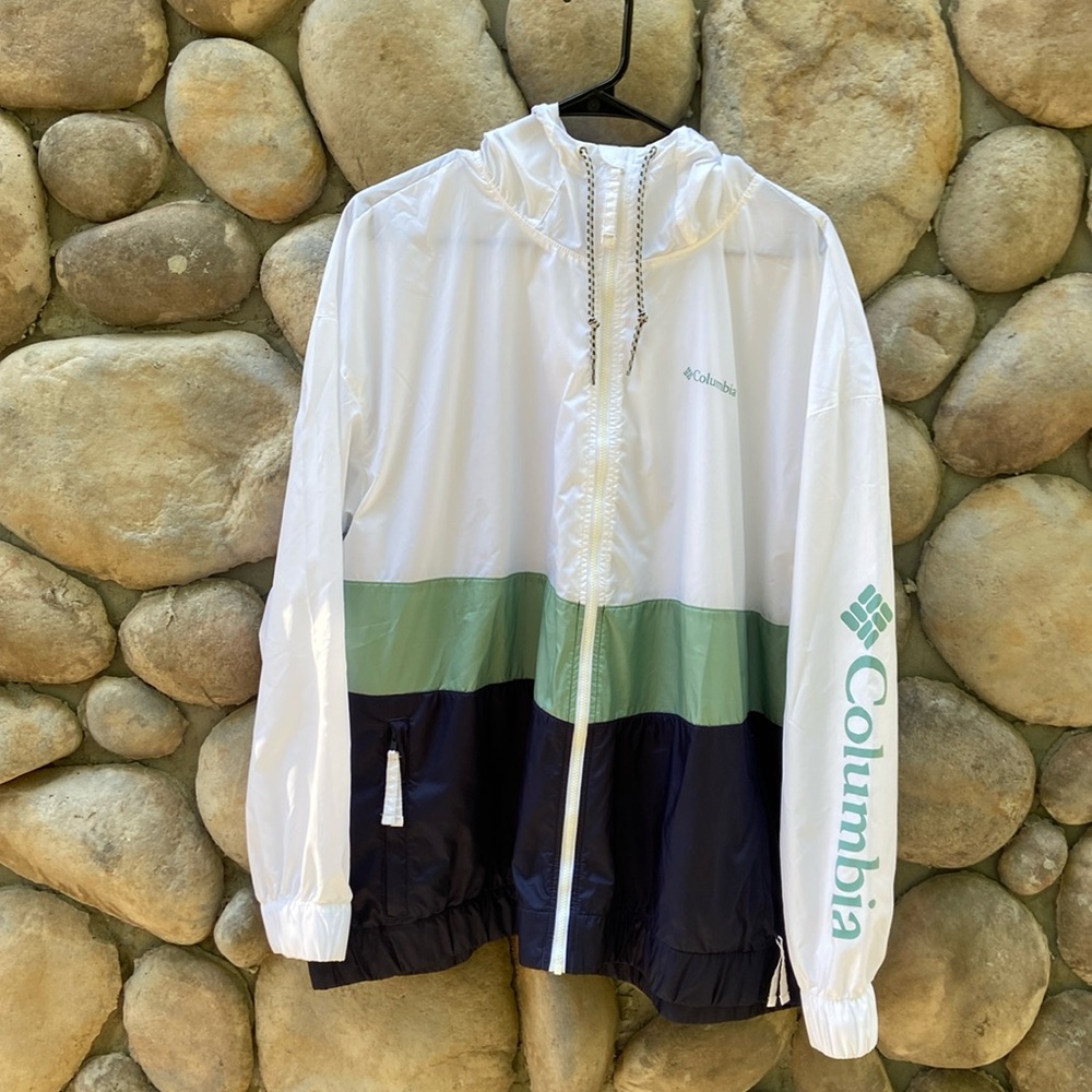 Columbia White/Green/Navy Blue Full Zip Windbreaker